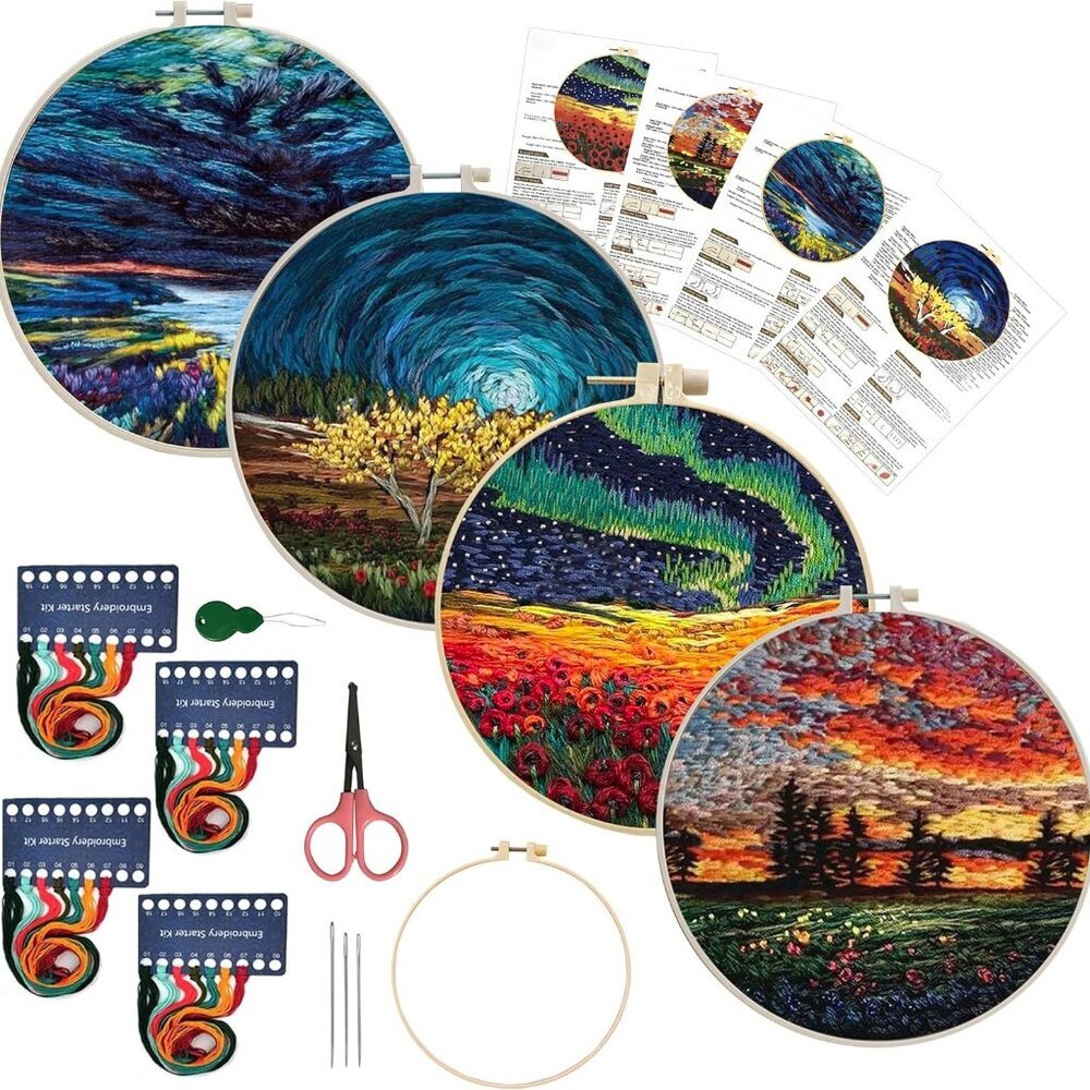 4 Pack Embroidery Starter Kit with Pattern, Stamped Cross Stitch Kits for Beginn